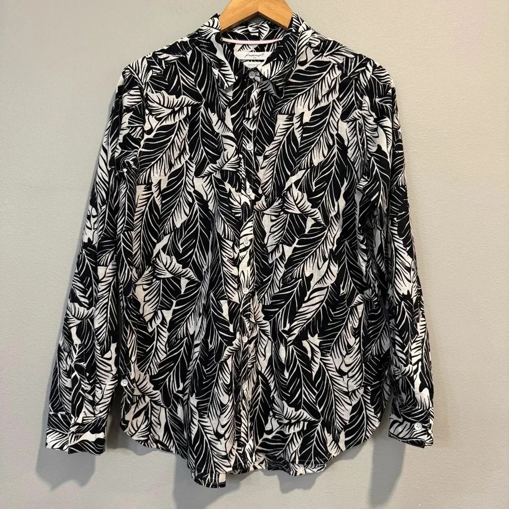 Foxcroft Leaf Print Button Up Blouse Long Sleeve Wrinkle Free Lightweight 14